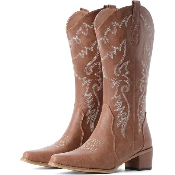 ⚡Women's Wheat Pointy Toe Mid Calf Embroidery Western Cowgirl Boots Pull On - Picture 2 of 4